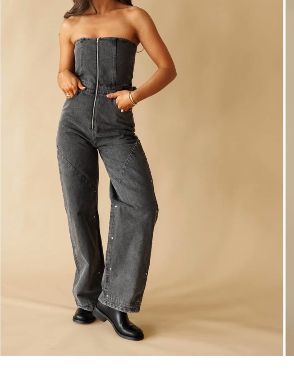Strapless Washed Black Denim Jumpsuit